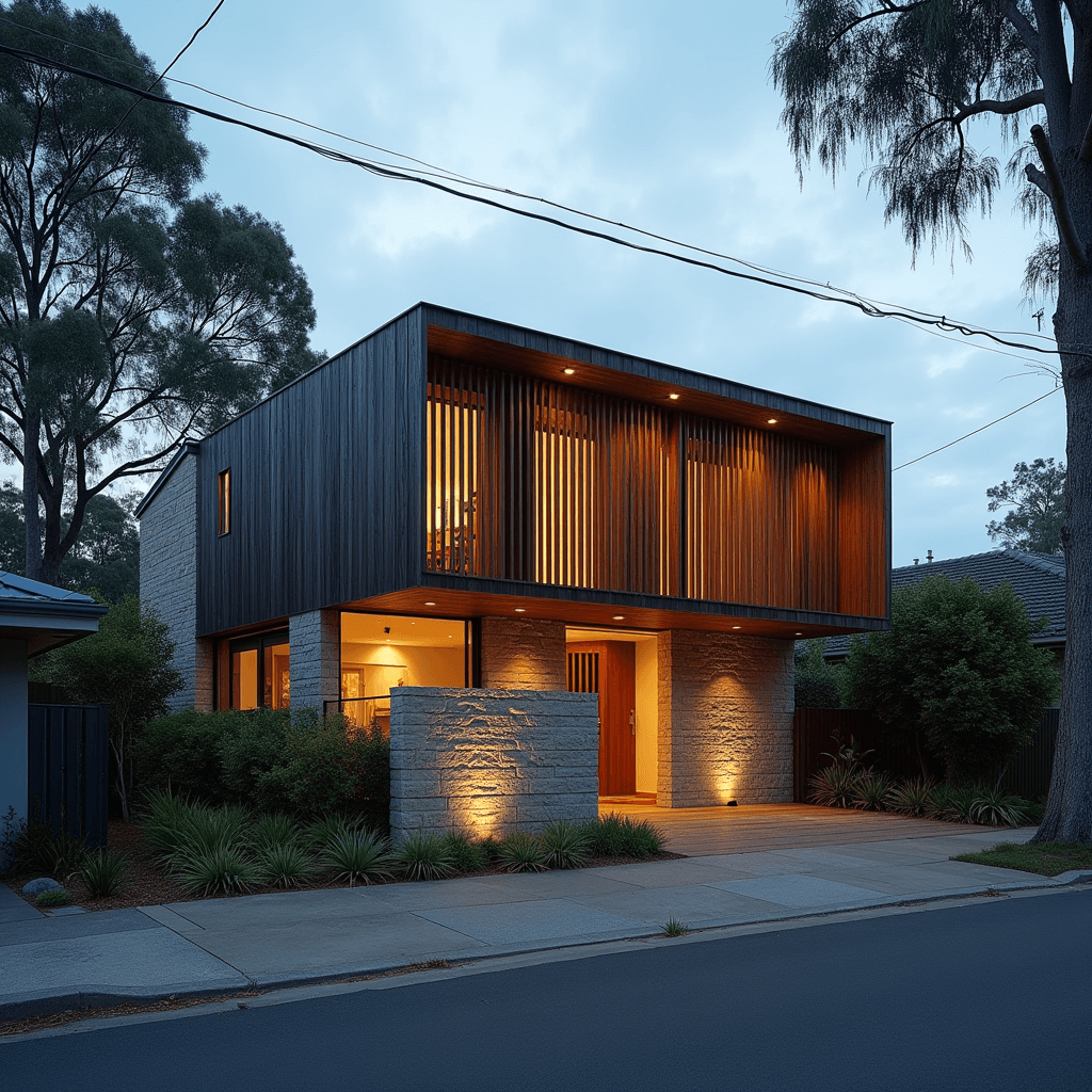 A contemporary house of sandstone and timber at dusk, its windows lit from inside