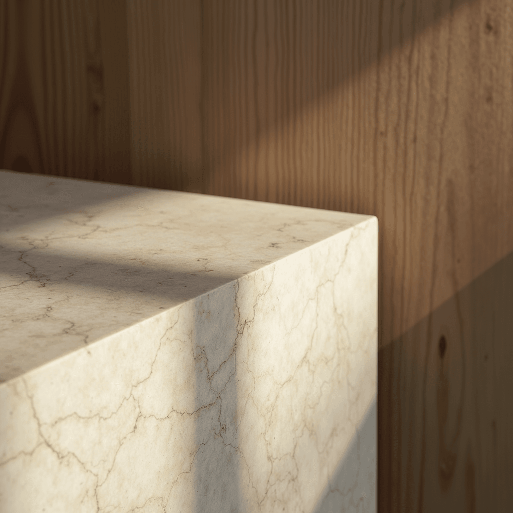 Close detail of a honed stone block meeting oak panelling in raking light