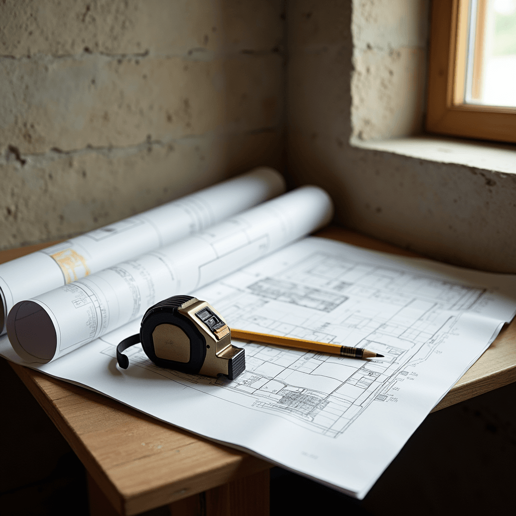 Architectural drawings, a tape measure and a pencil on a timber bench on site