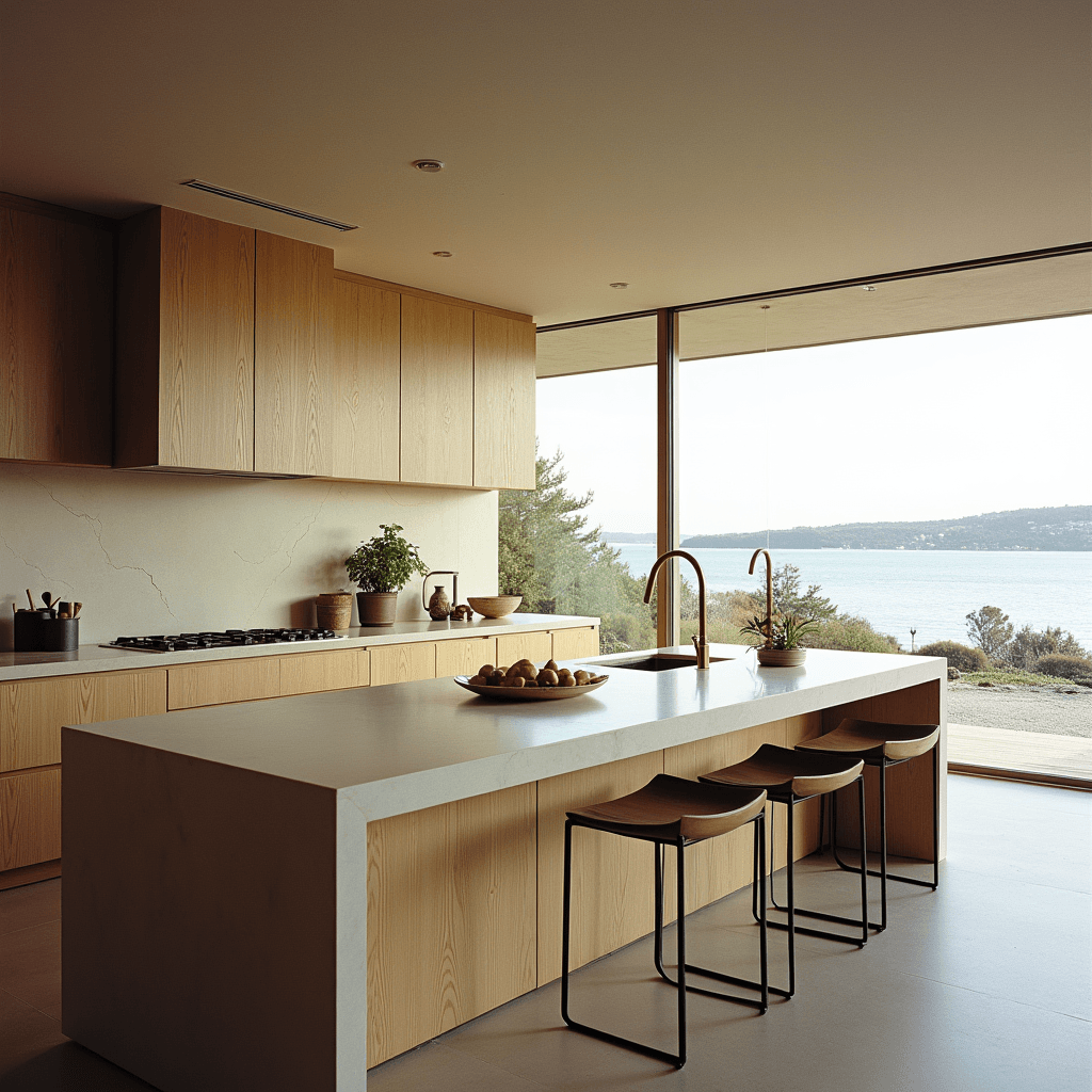 A finished kitchen with a stone island, oak joinery and a view of the water