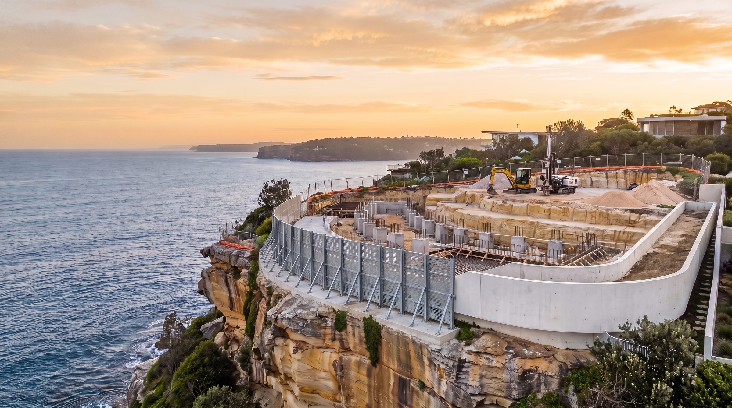 A clifftop building site above the ocean at sunset: foundations and concrete piers cut into the sandstone