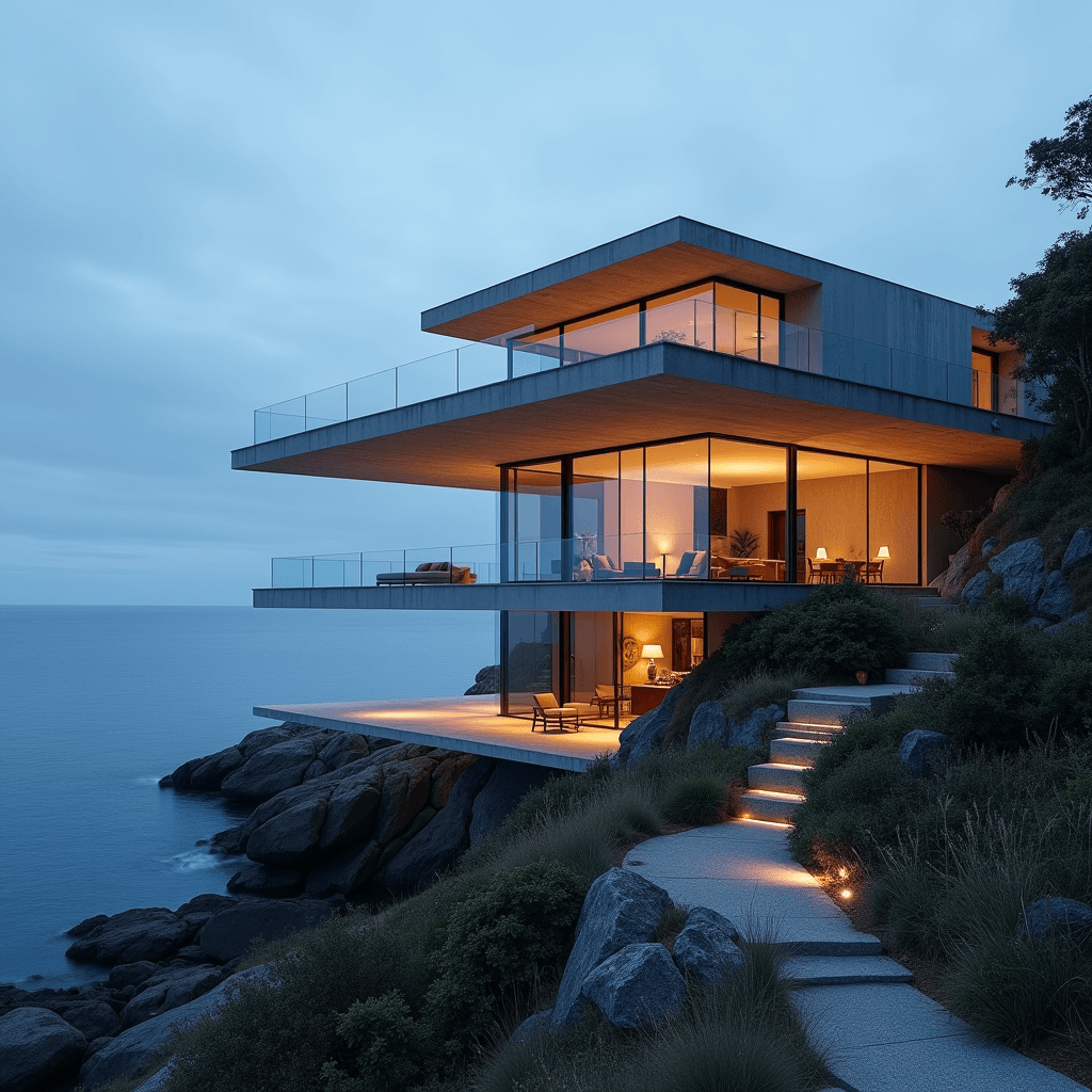 An architect-designed house of concrete and glass on a coastal headland at dusk
