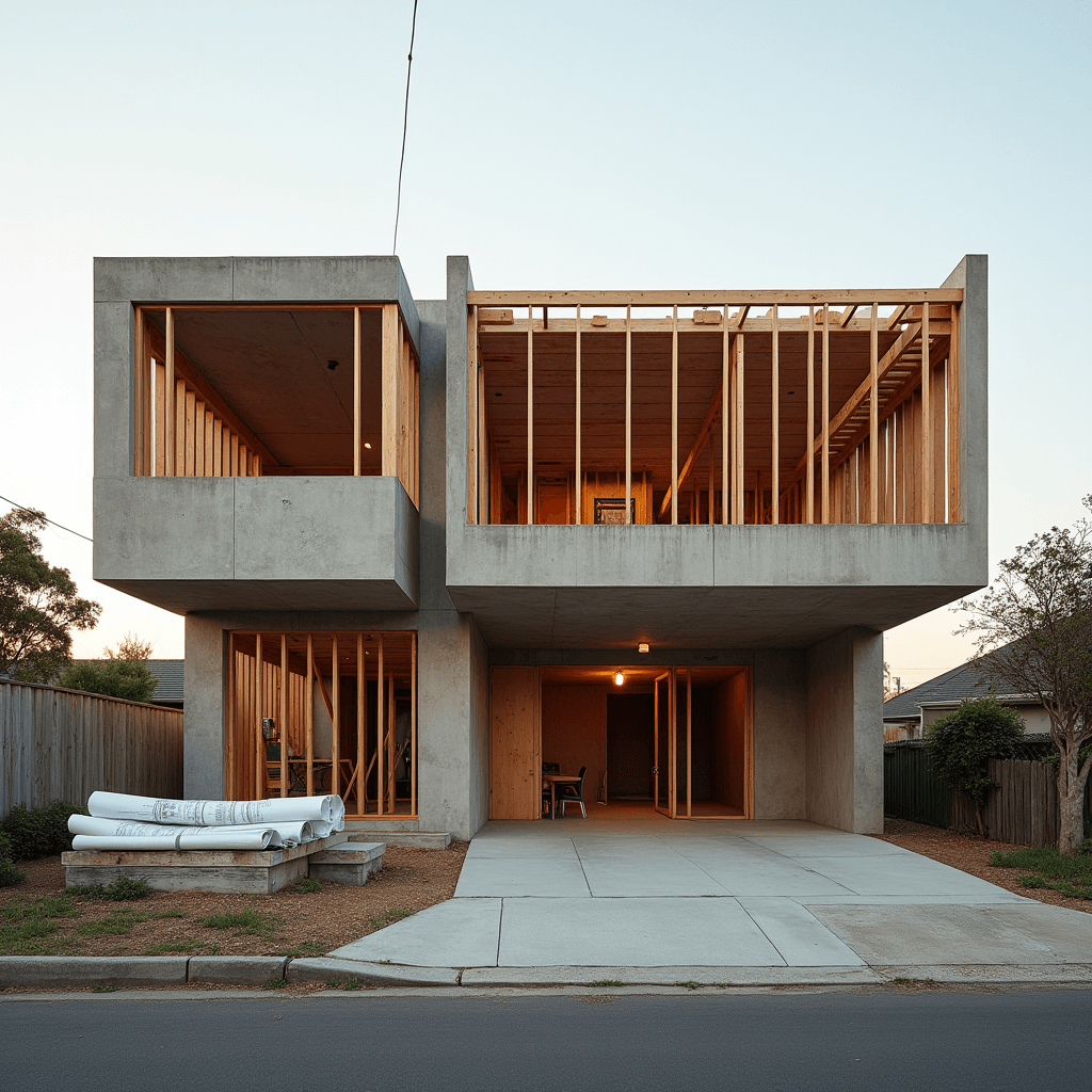 A two-storey house under construction, its concrete frame and timber framing open to the evening light