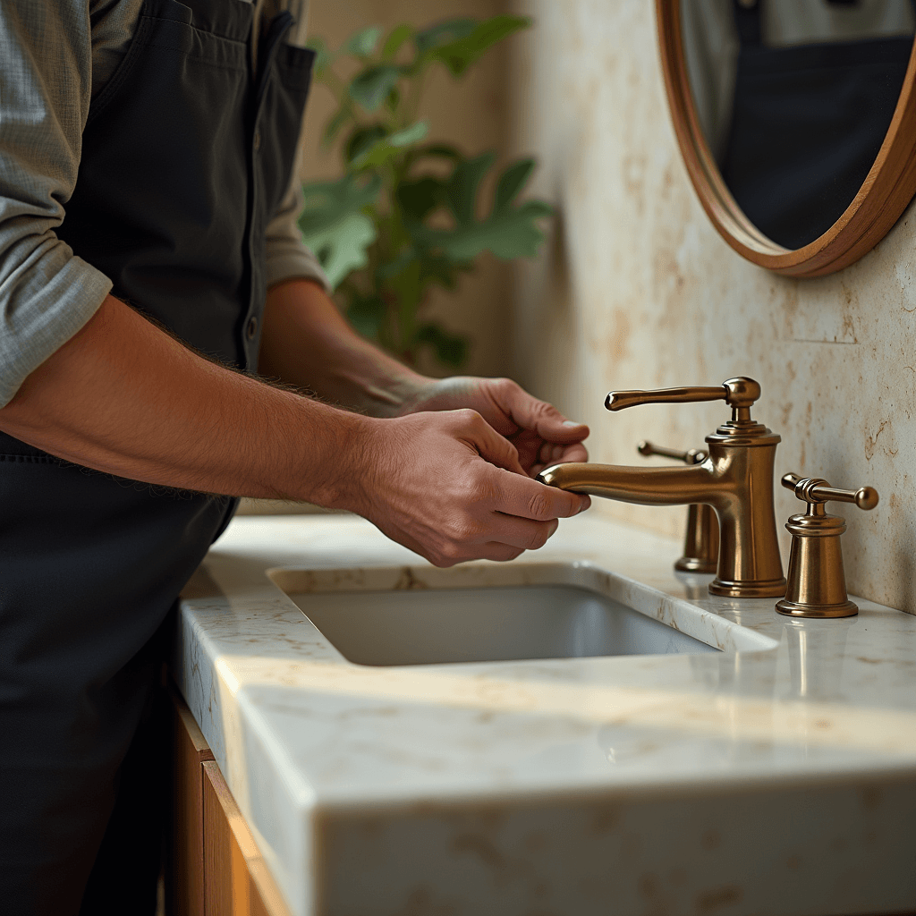 A tradesman's hands fitting brass tapware to a marble vanity